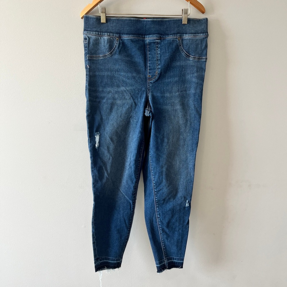 Spanx Ankle Skinny Jeans Distressed Pull-On Blue 1X Shaping Panel Raw Hem